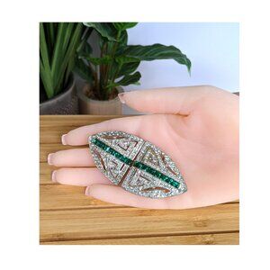 Vintage Art Deco Green Square Rhinestone Pave Crystals Belt Buckle Silver Tone